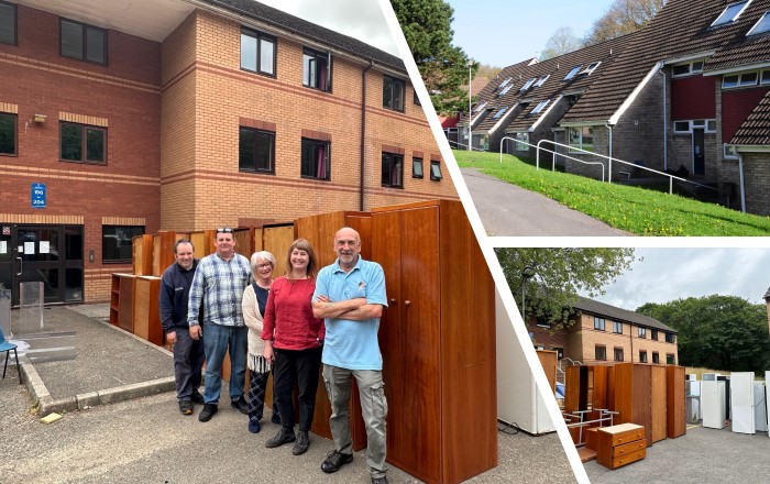 Montage of pictures showing group of people standing outside a building in front of assorted furniture