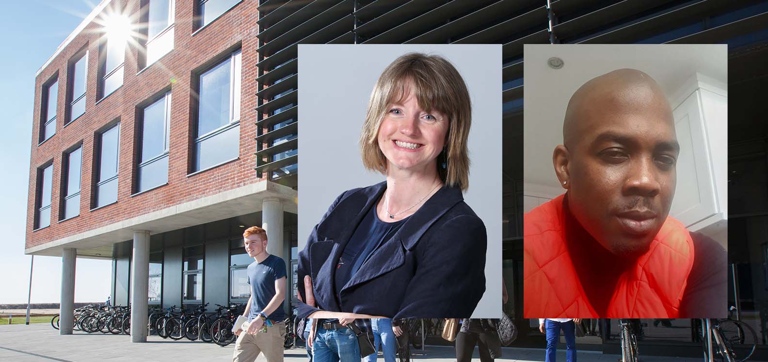 Separate head and shoulders photos of a man and woman overlayed on top of an exterior shot of a modern building