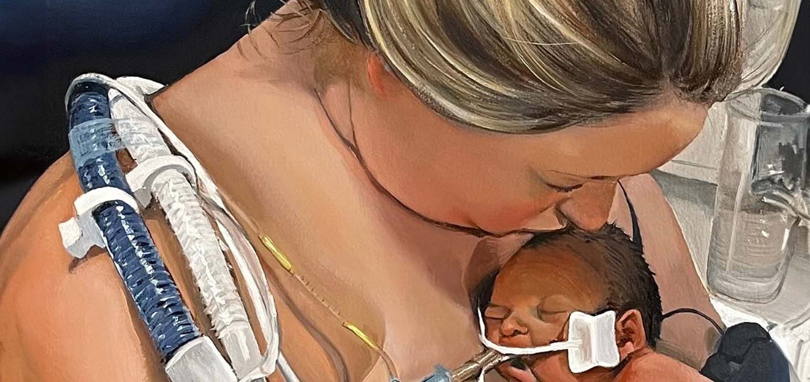 Woman kisses the head of a premature baby she is nursing in hospital surrounded by medical equipment.