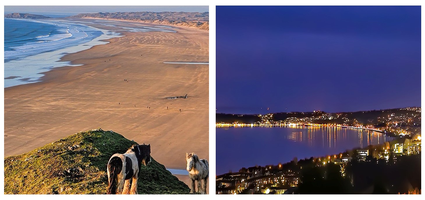 Two photos side by side, one of ponies standing on a grassy hill with a beach in the background. The other of a seaside town at night.