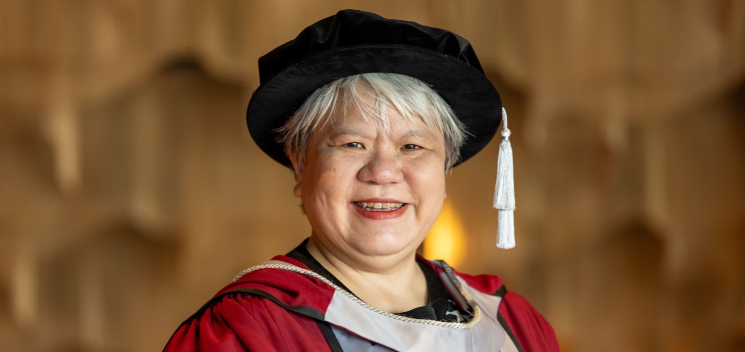 Verena Tay in her cap and gown as she celebrates her graduation from Swansea University.