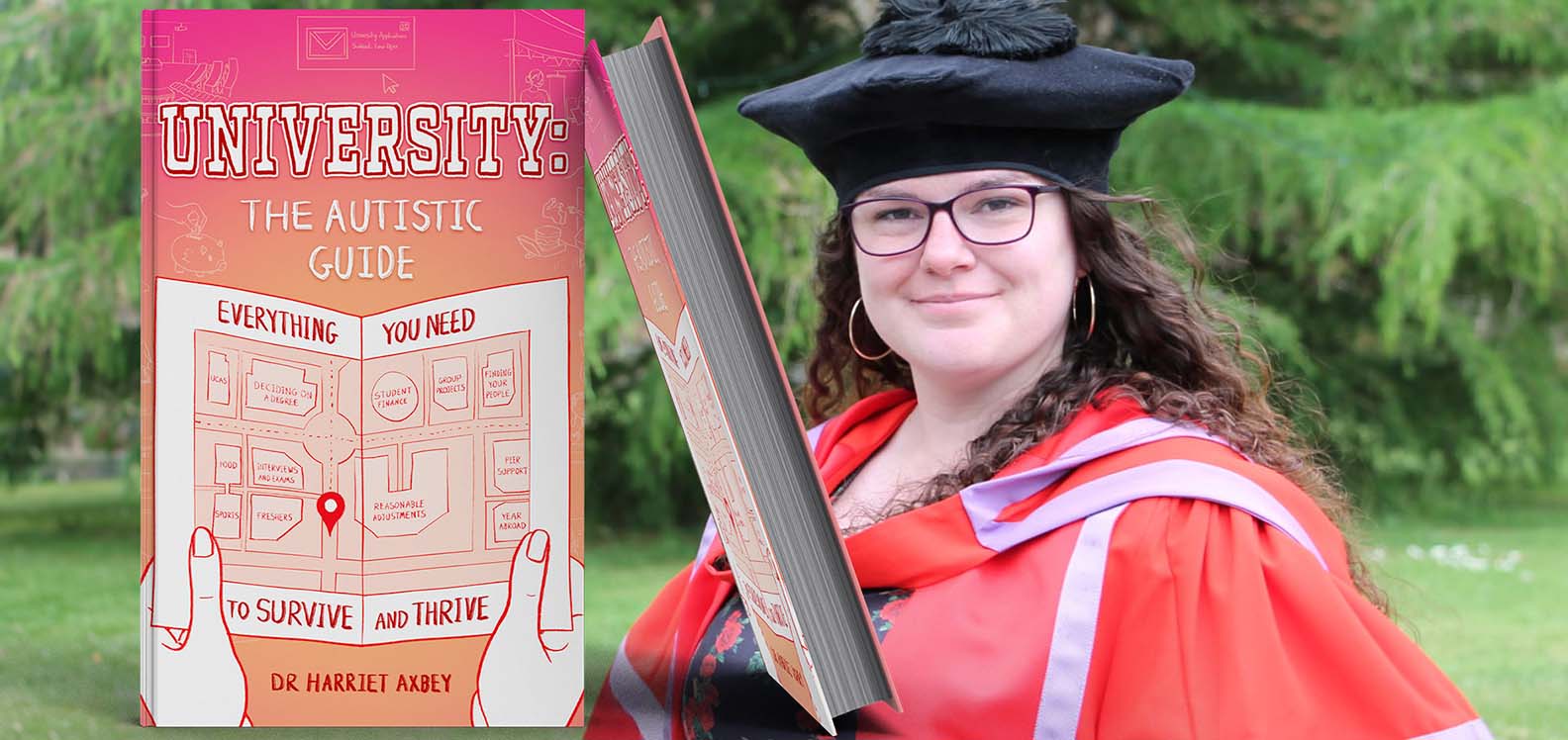 Image of front cover of book alongside woman wearing academic clothing