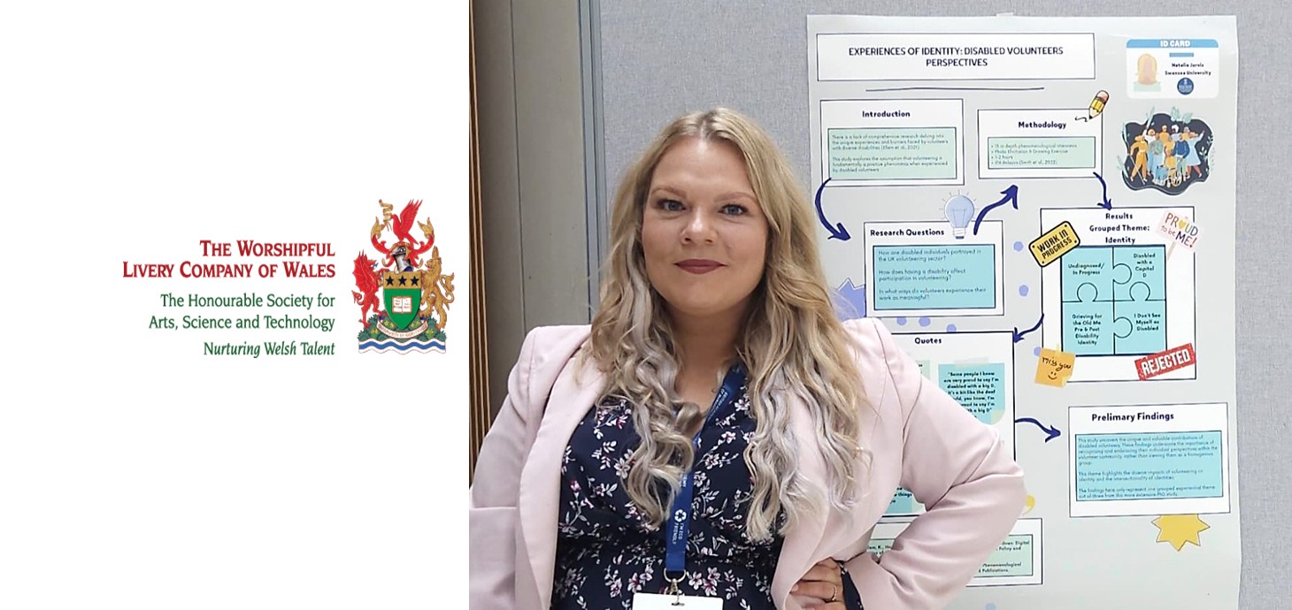 Natalie Jarvis is a third-year PhD student in the School of Management. Her research explores the experiences of disabled volunteers in Wales. Her Livery Company award enabled her to present her research at a key conference for experts in her field 