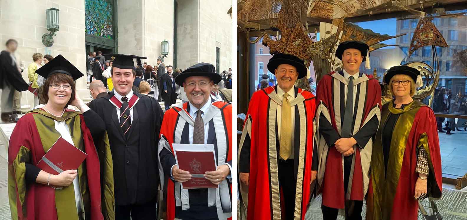 Two pictures alongside each other featuring three people - a woman and two men - wearing academic robes