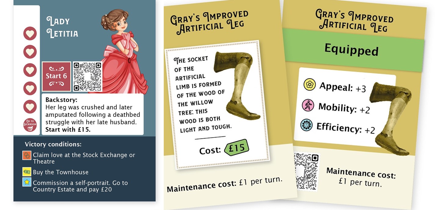 Cards from the Legless in London board game, which is a fun and engaging tool to help players experience life as an amputee and reflect on how disabled people were and are treated in society.