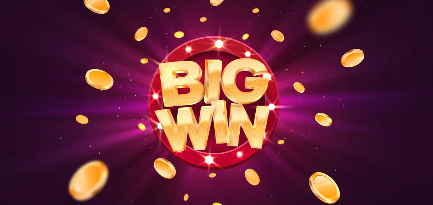 ‘Big Win’ in gold text on retro red board with explosion of coins on purple background.