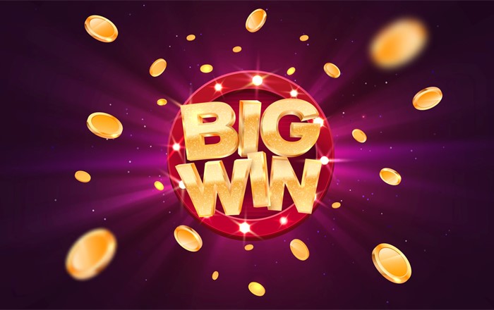 ‘Big Win’ in gold text on retro red board with explosion of coins on purple background.