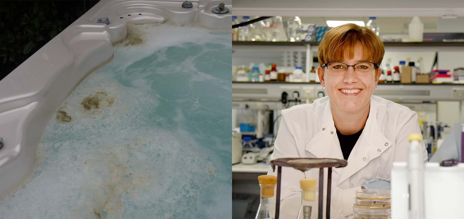 Two pictures: Dirty soapy water in a bath and a smiling female scientist in white coat in a lab