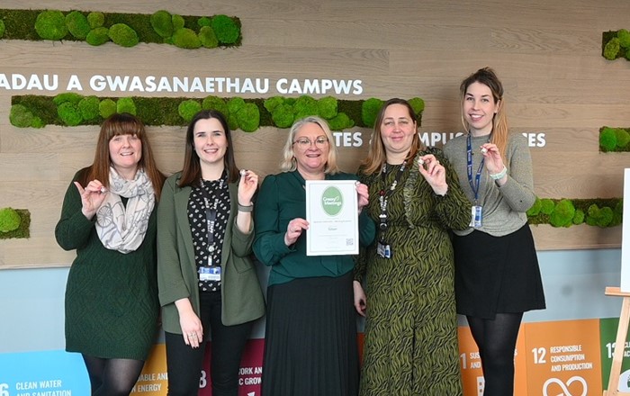 Green team: Swansea University events team with their award - (L-R) Melissa Ferreira, Charlotte Rees, Michelle Dene, Gwyneth Thomas, Beth Morgan.