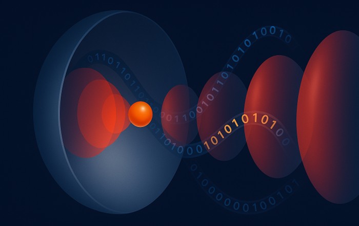 An illustration showing a standing light wave reflected from a curved mirror with a spherical particle at the centre. A stream of information, represented by 0s and 1s, emerges from the system.