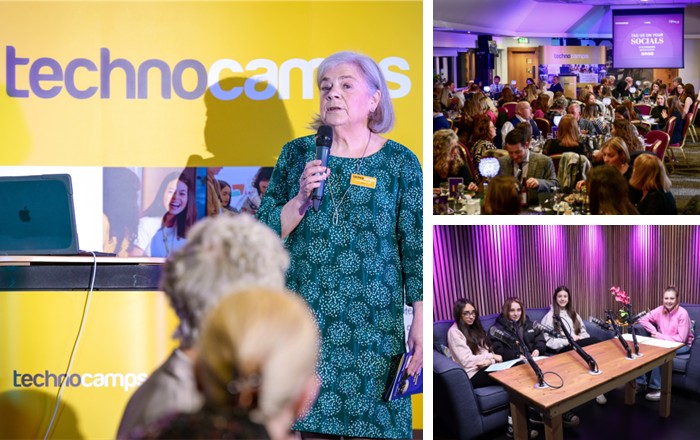 A photo of Beti Williams speaking at an event. Beti holds a microphone as she stands in front of a Technocamps banner. A photo of Technocamps’ 2025 International Women’s Day Gala. A photo of four girls sitting in a room with microphones in front of them. The photo is from the Girls in STEM event.