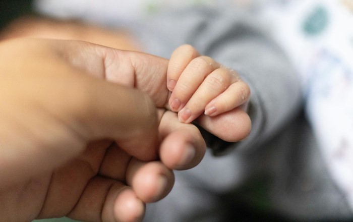 Adult holding a baby's hand