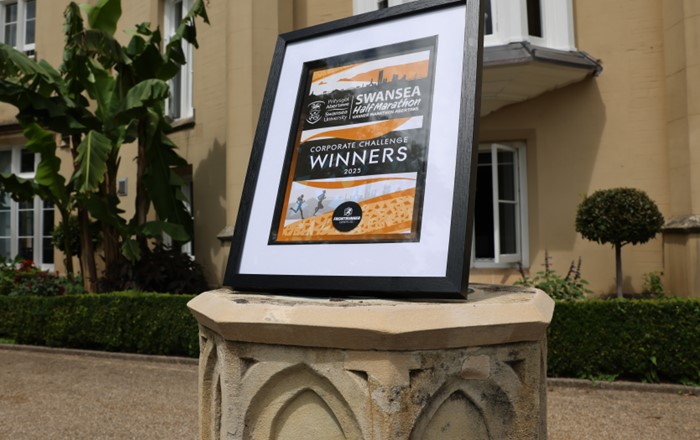 Framed certificate on stone plinth outside building