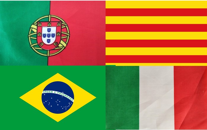 Clockwise from top left: Portuguese, Catalan, Italian, Brazilian flags