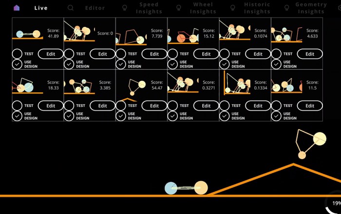 A screenshot from the Genetic Car Designer Game shows a series of simple designs of triangles and circles resembling cars. 
