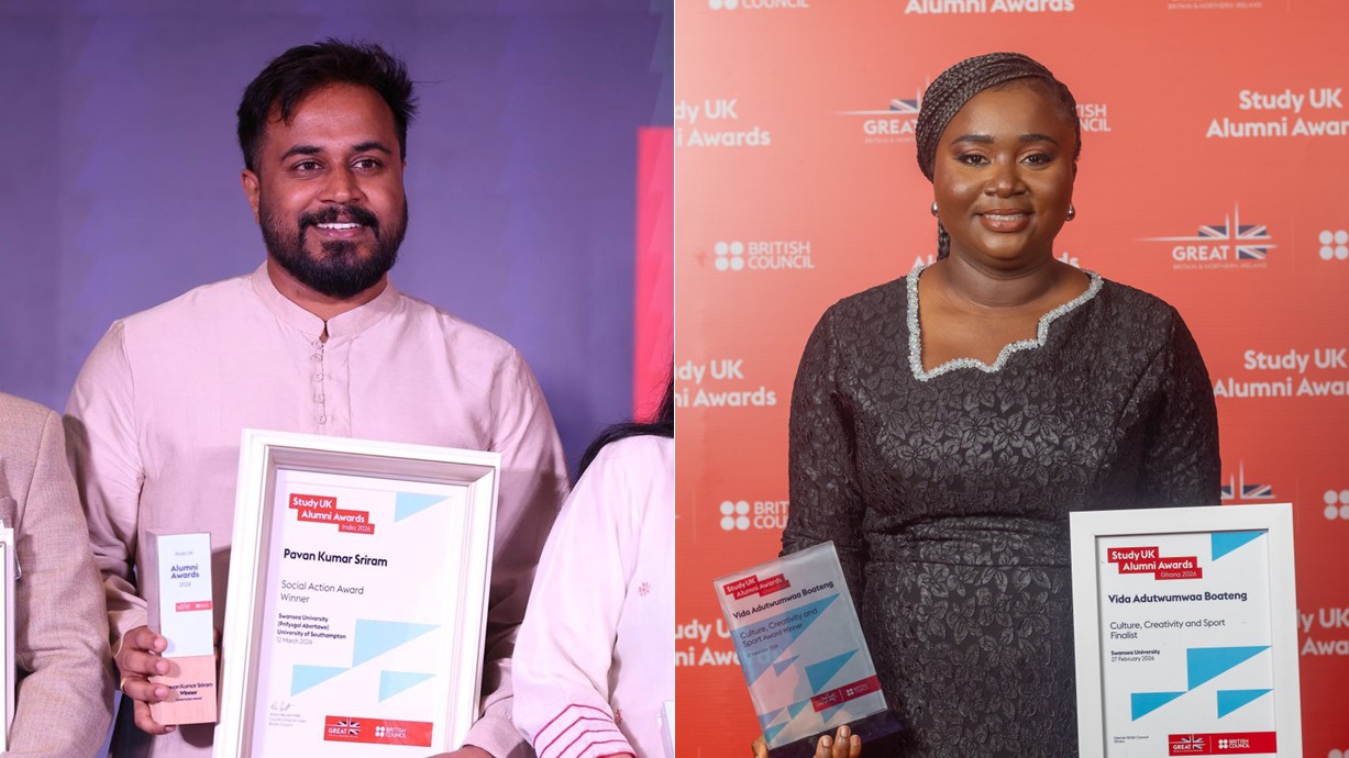 Pavan Kumar Sriram (Left) and Vida Adutwumwaa Boateng (Right) accepting their awards. Credit: British Council.