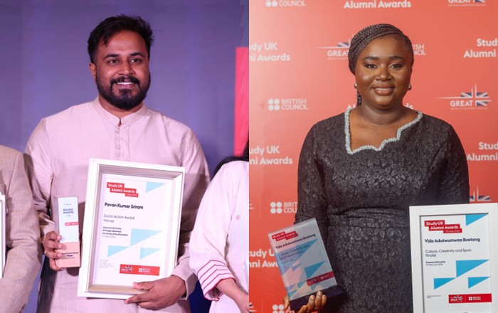 Pavan Kumar Sriram (Left) and Vida Adutwumwaa Boateng (Right) accepting their awards. Credit: British Council.