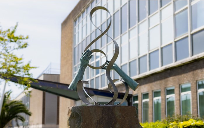 The Body Donor Memorial Project sculpture in situ outside the Grove Building. 