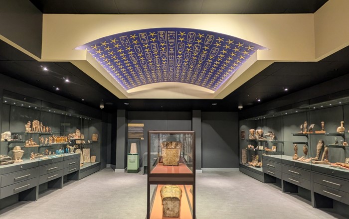 Room inside gallery with display cases underneath a decorated ceiling