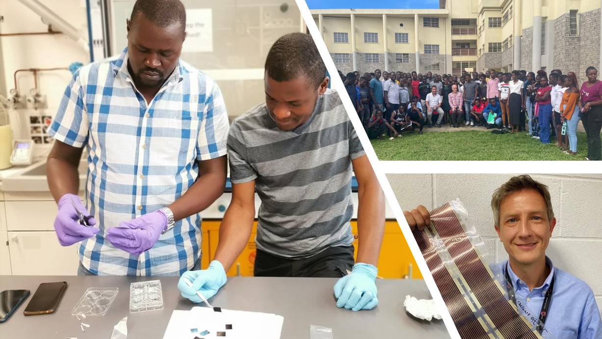 A collage showing: project co‑lead Dr Francis Otieno with fourth‑year physics students at Maseno University; Dr Otieno demonstrating thin‑film perovskite solar‑cell fabrication to a PhD student; and project lead Professor Matthew Davies displaying a roll‑to‑roll printed perovskite solar module.