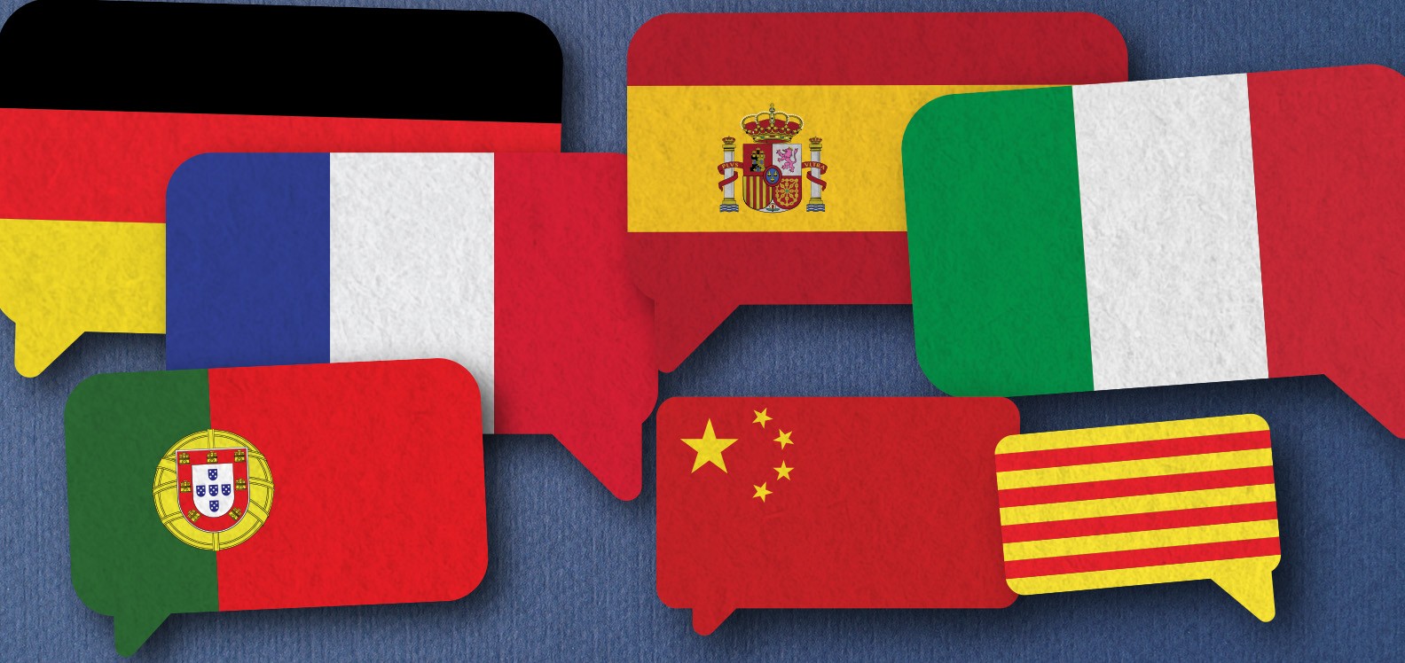 A series of flags in the shape of speech bubbles: German, French, Spanish, Italian, Portuguese, Chinese, Catalan