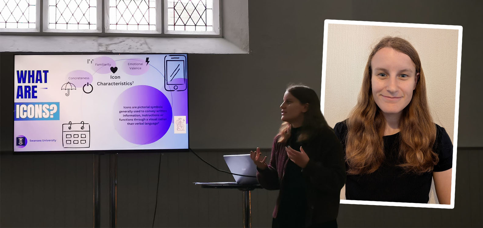 A photo of Zoe delivering a presentation. In the right corner, there is another photo of Zoe, this time a headshot.