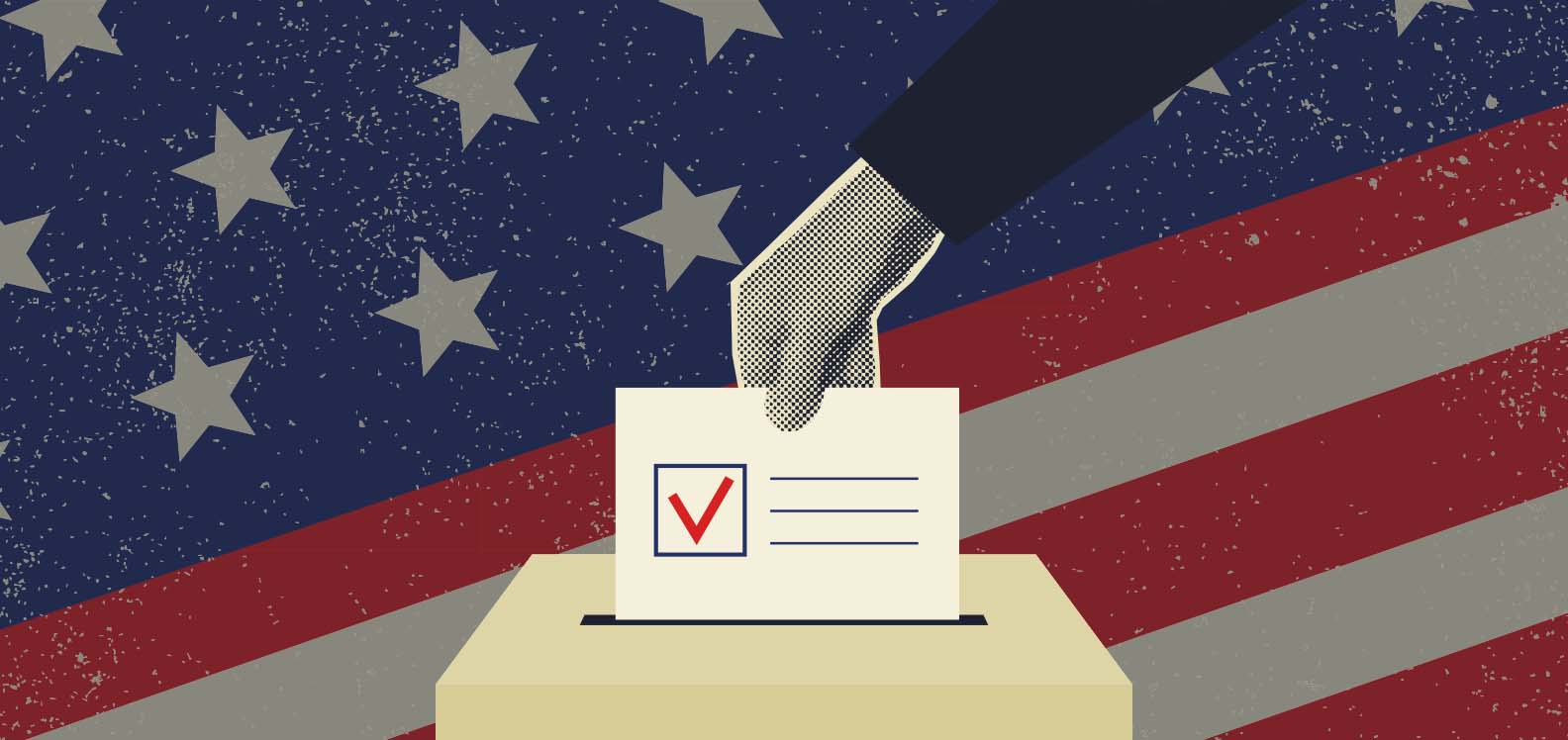 An illustration of a person putting a ballot paper into a box, against a backdrop of the US flag