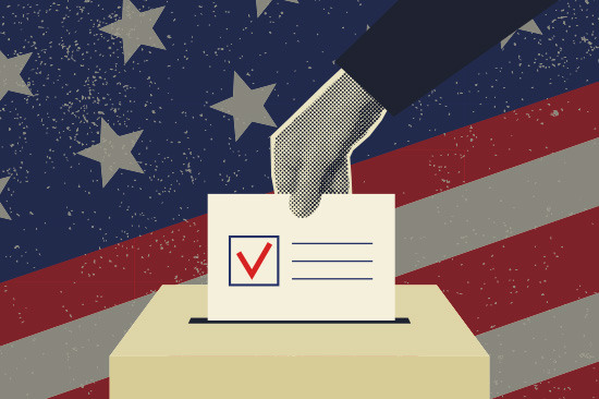 An illustration of a person putting a ballot paper into a box, against a backdrop of the US flag