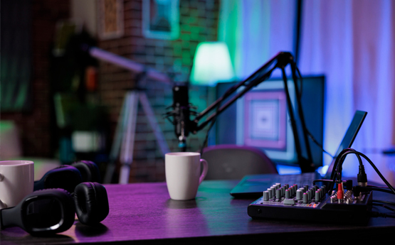 A desk with microphones on