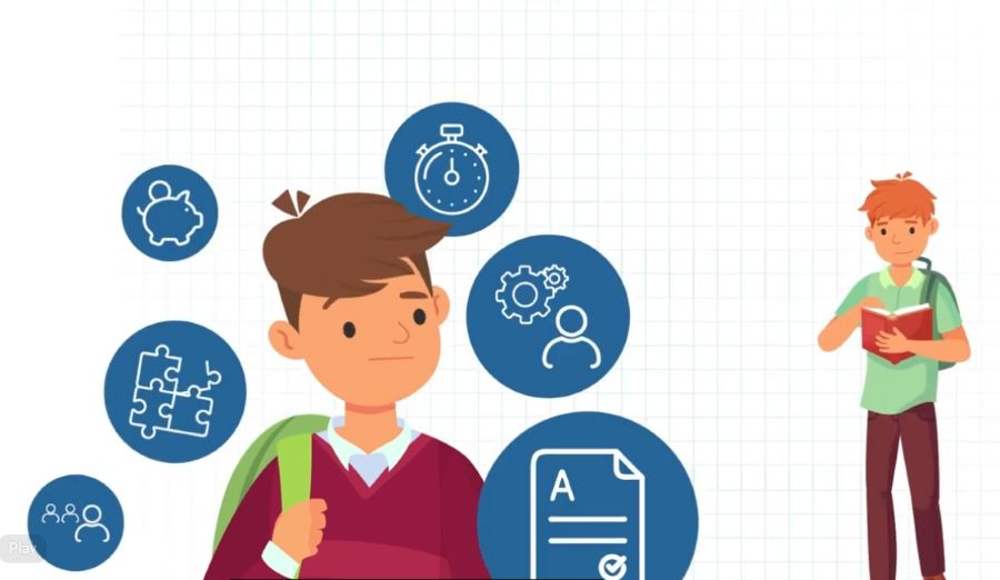 Student with education and skills icons, alongside a person reading a book