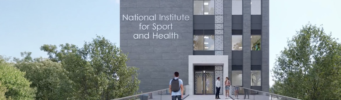 A computer-generated image of the front of the National Institute for Sport & Health (NISH) building