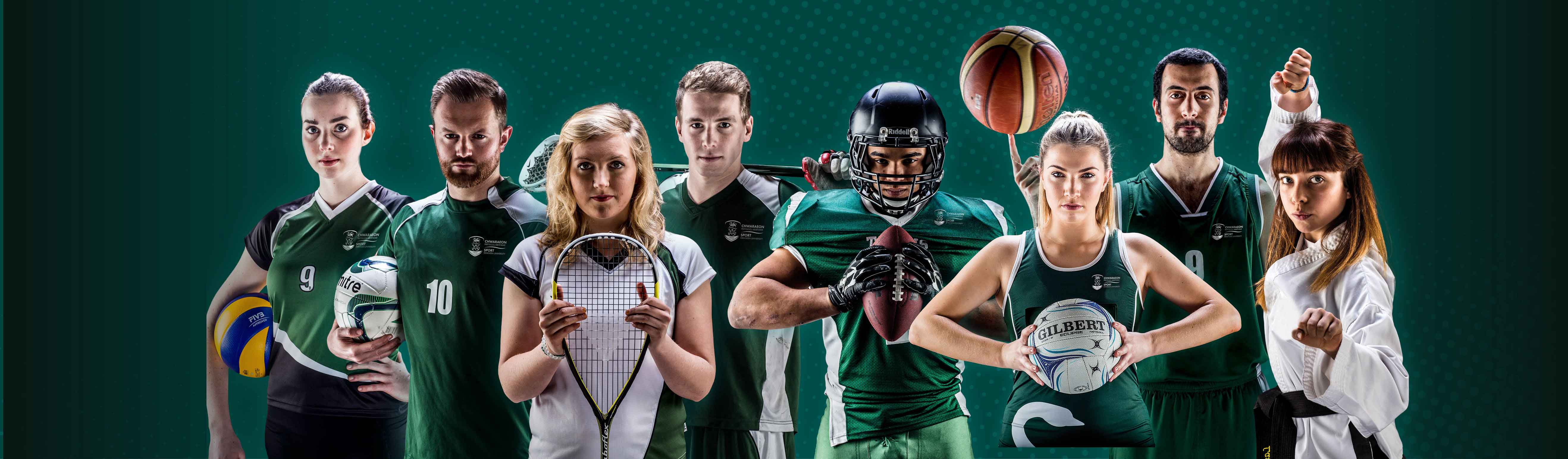 A banner showing people doing sport and the Swansea University Sport logo with green background