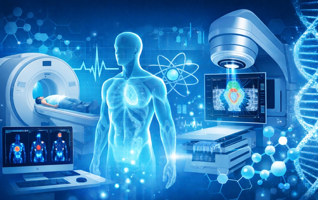 The image shows a PET/CT Scanner and a Linear Accelerator, equipment commonly used in Nuclear Medicine and Radiotherapy Physics