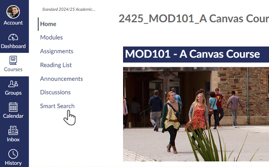 A screenshot showing where to find Smart Search in the Course Navigation Menu