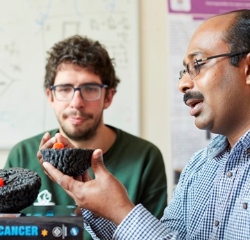 A lecturer and student analysing a model brain