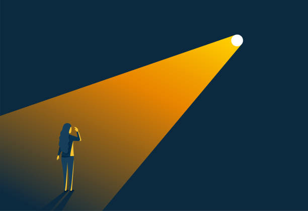 Cartoon illustration or a woman standing in a bright spotlight