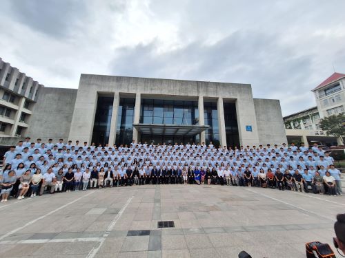 group of students outside Nanjing Tech building