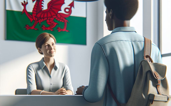 A student approaching a reception desk with a welsh flag behind it