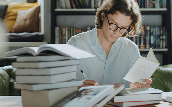 A student reading in the library