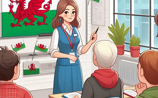 A female teacher standing in front of a welsh flag teaches a small group