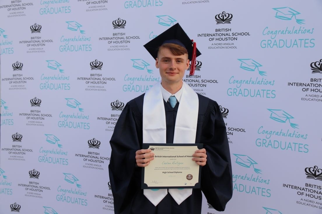 Caelan Mulligan graduating from the British International School of Houston