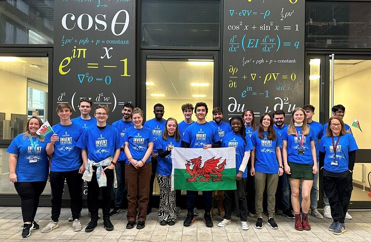 Group of Swansea University students wearing matching Invent for the Planet t-shirts