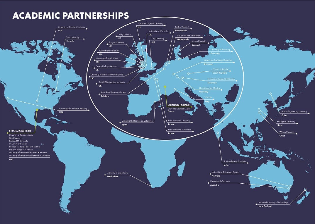 World map of Swansea University's Academic Partners