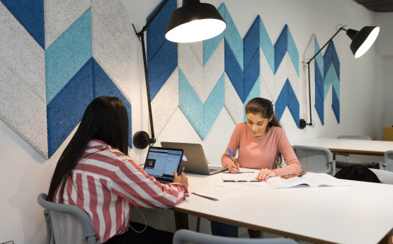 Female students sat across a desk working on laptops