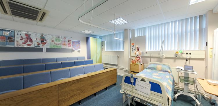 Clinical teaching room with hospital bed, lecture seating and anatomy models