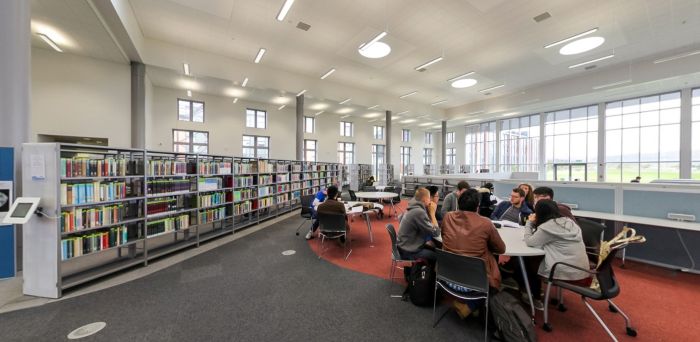 Library study area with shelves, large windows, and groups at tables