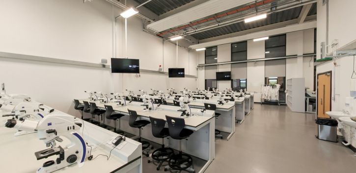 Metallurgy laboratory with microscopes, workstations and teaching benches