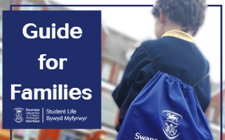 Front page of family guide showing a child outside a school